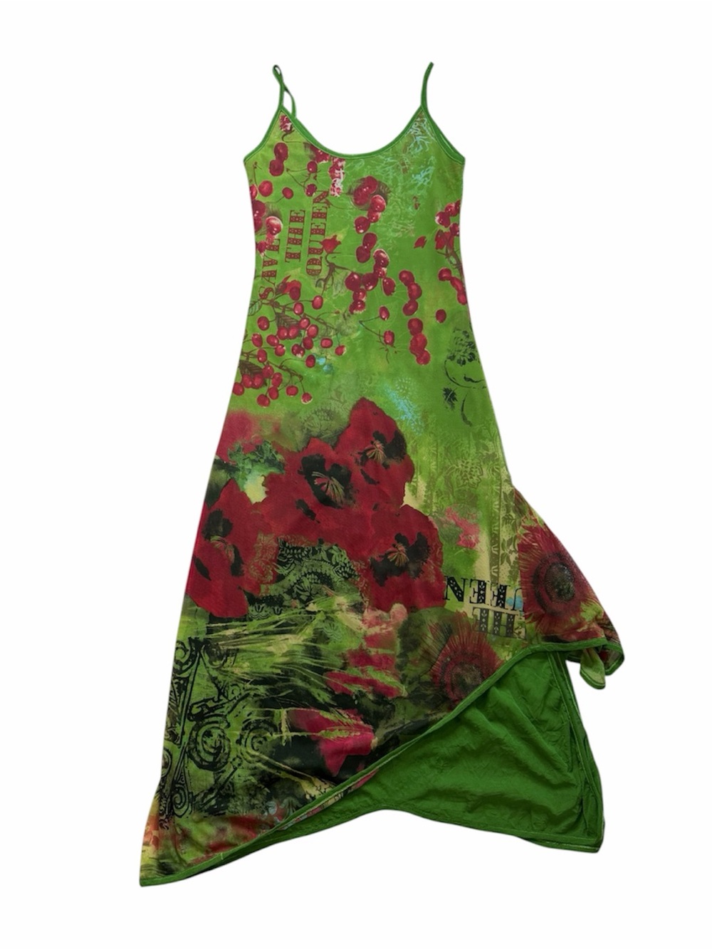 Vintage Save the Queen Y2K Maxi Mesh Dress Lime Green Cherry Floral Asymmetric